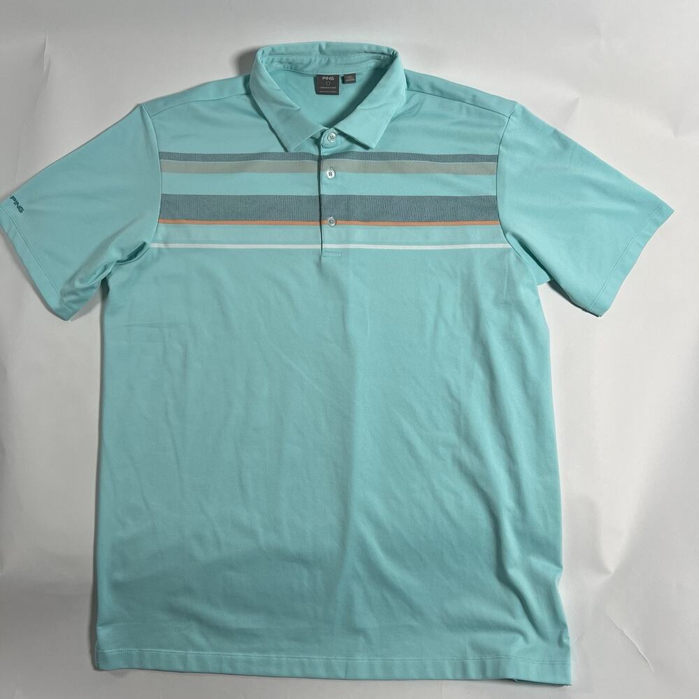 PING SensorCool Golf Men’s L Polo Light Blue Striped Short Sleeve Stretch